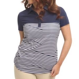 CBUK Cutter & Buck Womens Polo Shirt Sz S Navy Blue White Stripe Golf Breathable